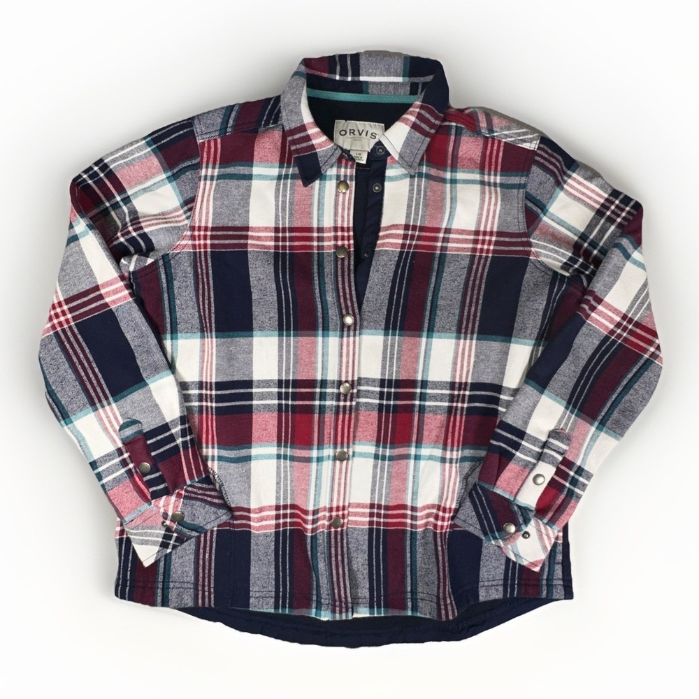 Orvis Womens Large Fleece Lined Plaid Flannel Shirt Jacket Red Navy Blue Shacket